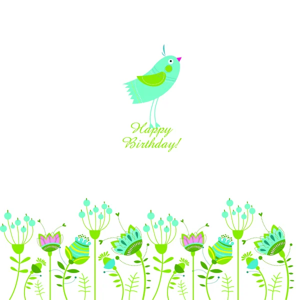 Ilustração vetorial com flores e um pássaro. Feliz Aniversário ! — Vetor de Stock