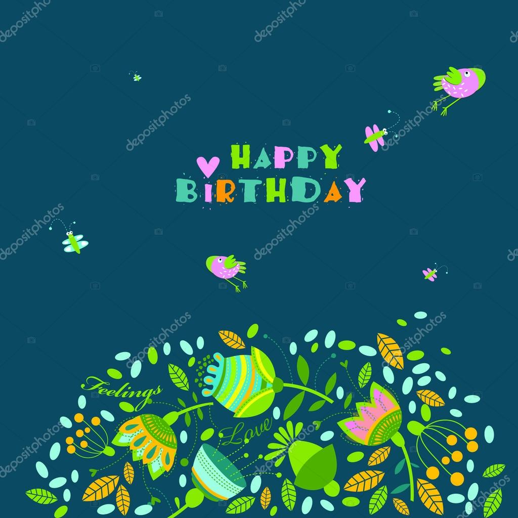 鳥と花のイラスト お誕生日おめでとう ストックベクター C Utchenko Olga