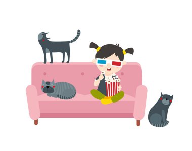 Yazdır. Kız kedilerle kanepede oturuyor. Çizgi film kedileri. Kız patlamış mısır yiyor ve film izliyor. Kız sinemada oturuyordu. 3D gözlüklü kız.