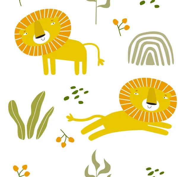ライオンとベクトルシームレス熱帯の背景 漫画ライオン アフリカの動物 子供用の生地 サファリだ 夏の背景 — ストックベクタ