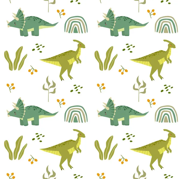 恐竜とベクターシームレスな背景を印刷します ジュラシック パーク 子供のパターン 漫画の恐竜のセット 布に印刷できます — ストックベクタ