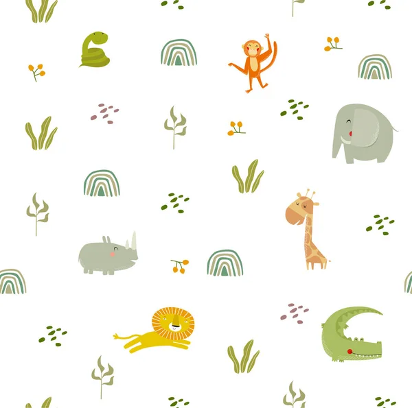 Impresión Fondo Tropical Con Animales Salvajes Dibujos Animados Safari Savannah — Vector de stock