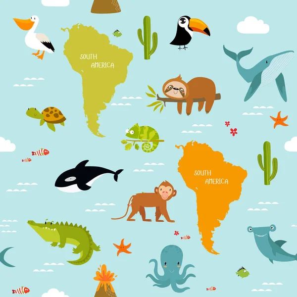 Stampa Sfondo Vettoriale Sud America Con Animali Dei Cartoni Animati — Vettoriale Stock