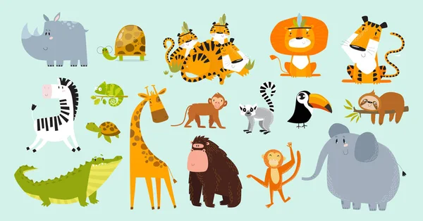 Afdrukken Safari Dieren Ingesteld Vectordieren Wilde Dieren Tekenfilmfiguren — Stockvector