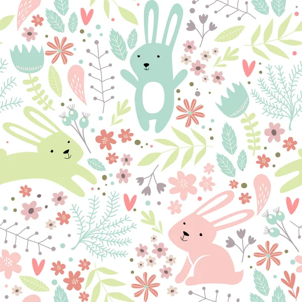 Print Vector Nahtloses Frühlingsmuster Mit Kaninchen Und Pflanzen Ostermuster Zeichentrickhasen — Stockvektor