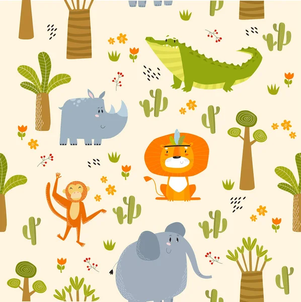 Print Tropical Background Cartoon Wild Animals Safari Savannah African Animals — Stock Vector