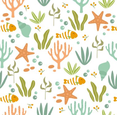 Yazdır. Vektör denizcilik geçmişi. Kumaş üzerine basılabilir. Çizgi film balığı. Su altı dünyası.