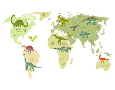 Yazdır. Dinozorlarla dolu bir dünya haritası. Dinozor dünya haritası. Çizgi film dinozorları.