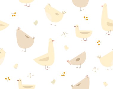 Print. Vector pattern with hens, chickens, ducks and geese. On the farm. Domestic bird. Seamless background with farm birds. Pastel shades