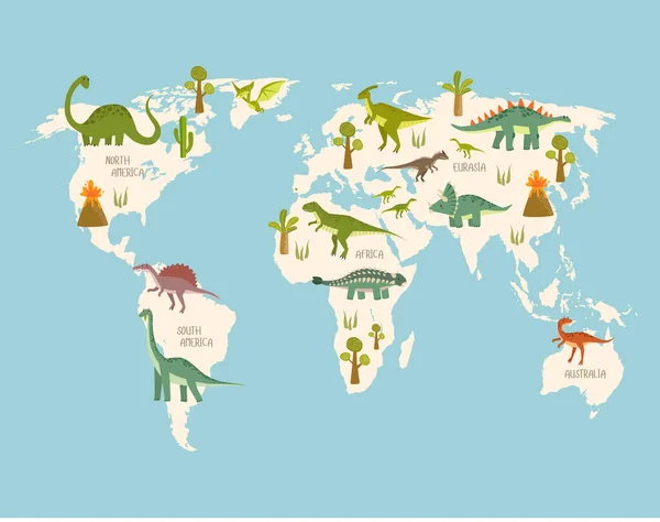 Impresión Mapa Del Mundo Con Dinosaurios Mapa Mundial Dino Dinosaurios — Vector de stock