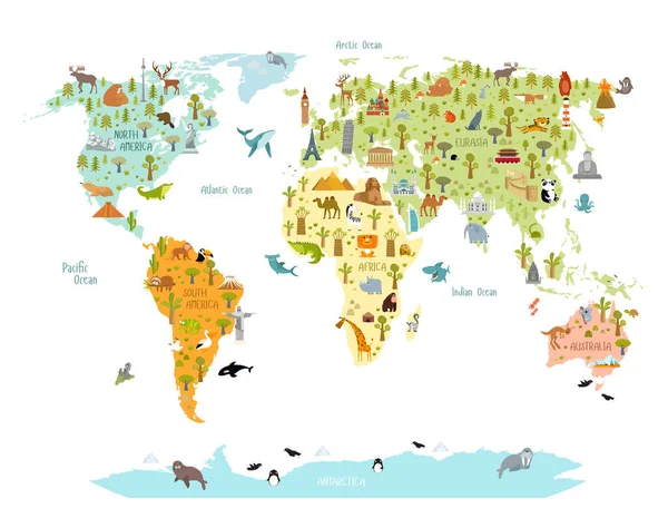 Afdrukken Wereldkaart Met Dieren Architectonische Oriëntatiepunten Voor Kinderen Eurazië Afrika — Stockvector