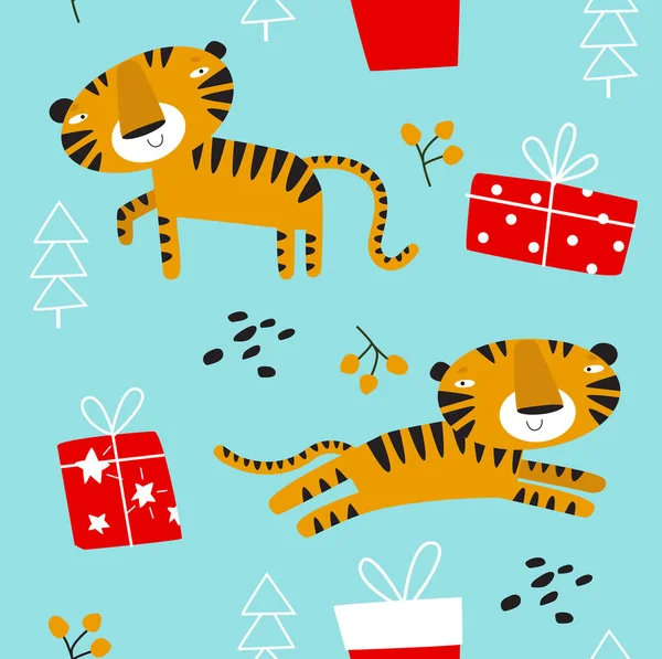 Une Empreinte Nouvel Modèle Avec Tigres Bande Dessinée Cadeaux — Image vectorielle