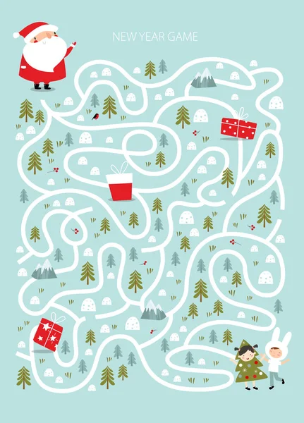 Drucken Silvesterlabyrinth Ein Spiel Für Kinder Weihnachtsmann Verteilt Geschenke Kinder — Stockvektor