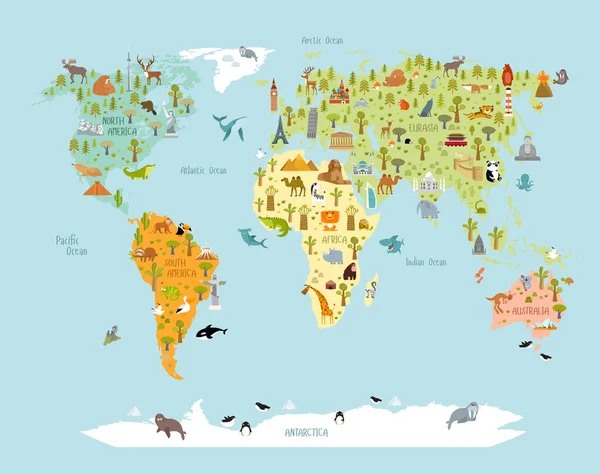 Impresión Mapa Del Mundo Con Animales Monumentos Arquitectónicos Para Niños — Vector de stock