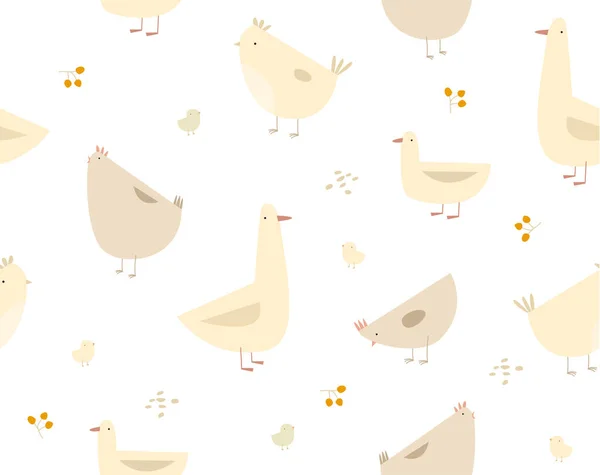 Print Vector Pattern Hens Chickens Ducks Geese Farm Domestic Bird — 图库矢量图片