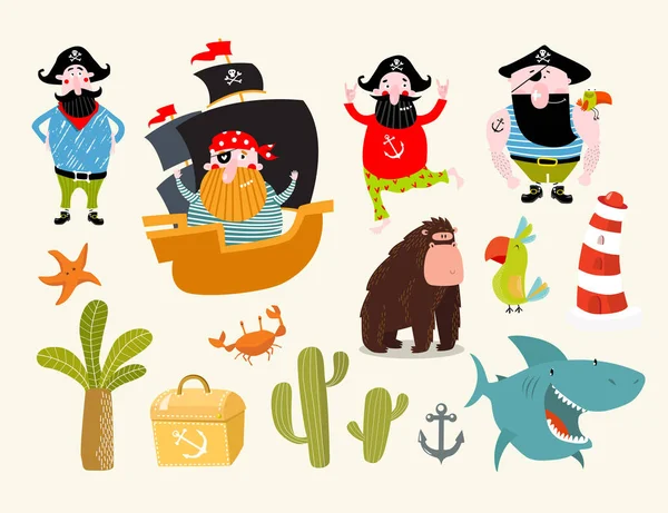 Print Vector Set Cartoon Pirates Pirate Party — Vetor de Stock