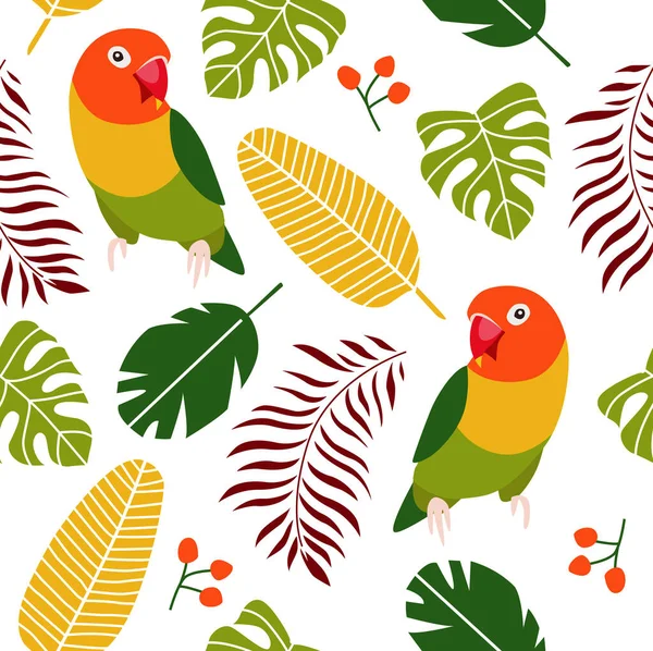 オウムとベクトルシームレス熱帯の背景 熱帯植物 熱帯鳥だ 熱帯パターン — ストックベクタ