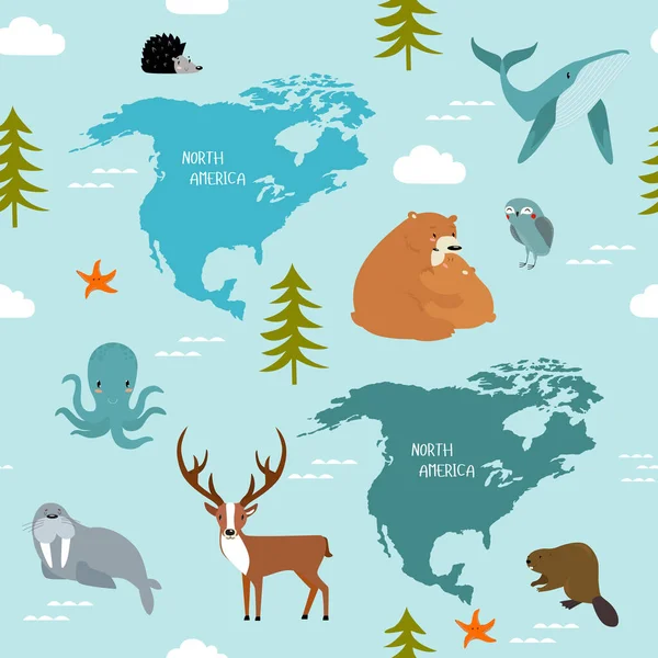Print Vector North America Background Cute Animals Whale Bear Deer — 스톡 벡터