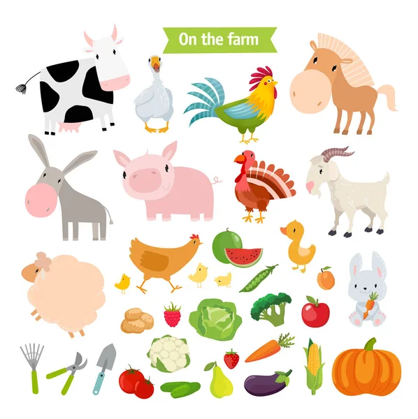 Print Big Vector Set Farm Farm Animals Vegetables Fruits Berries — Stock Vector