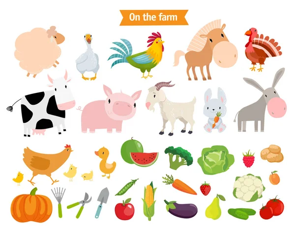 Print Big Vector Set Farm Farm Animals Vegetables Fruits Berries — Stock Vector