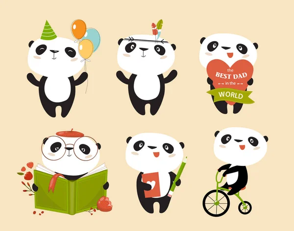Drucken Set Von Niedlichen Pandas Der Panda Hat Geburtstag Der — Stockvektor