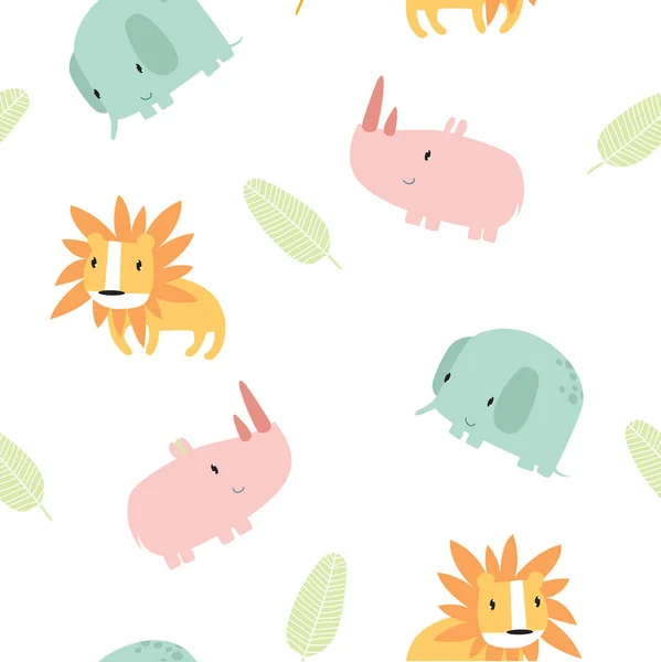 Print. Cute safari animals seamless pattern. Pattern for children. Cartoon elephant, lion, rhino. Can be printed on fabric.