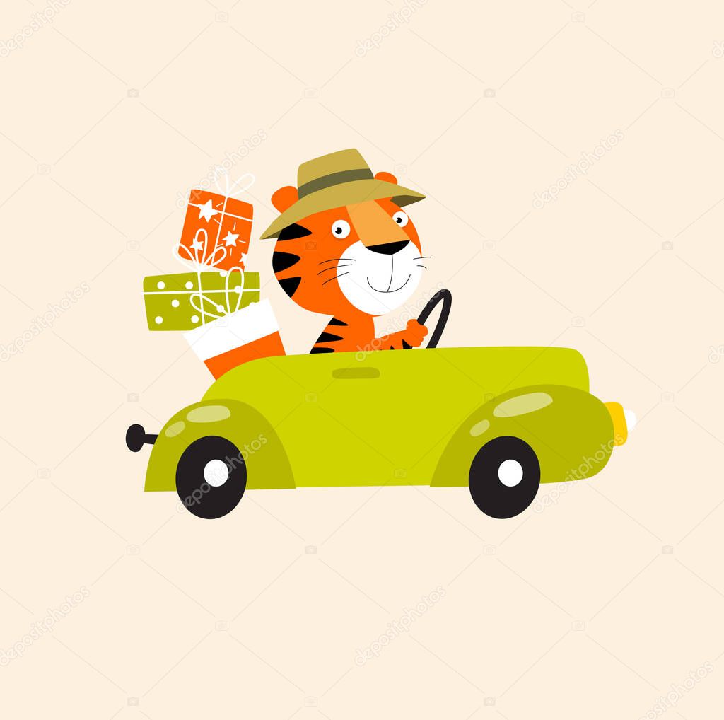 Print. Cartoon tiger in the car. The tiger is carrying gifts. Delivery of gifts.