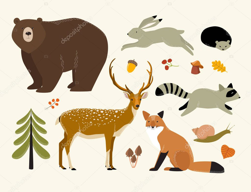 Print. Set of Vector Forest Animals