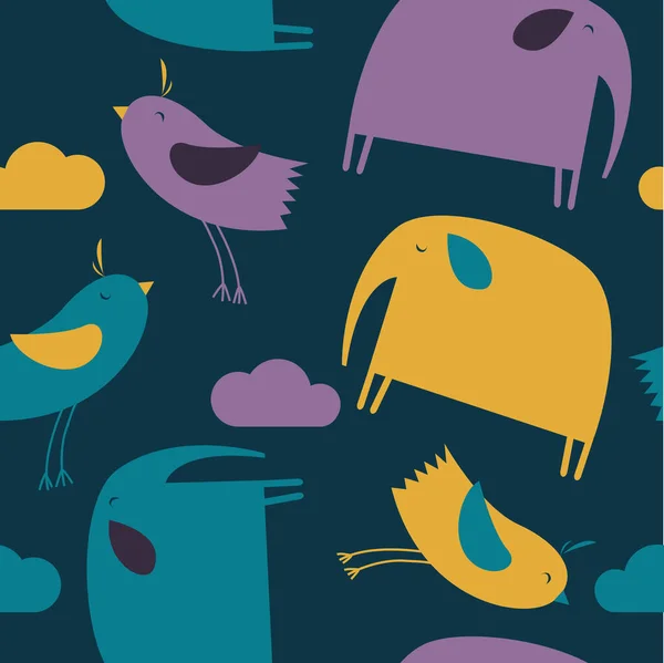 Afdrukken Leuke Naadloze Achtergrond Met Olifanten Vogels Patroon Voor Kinderen — Stockvector