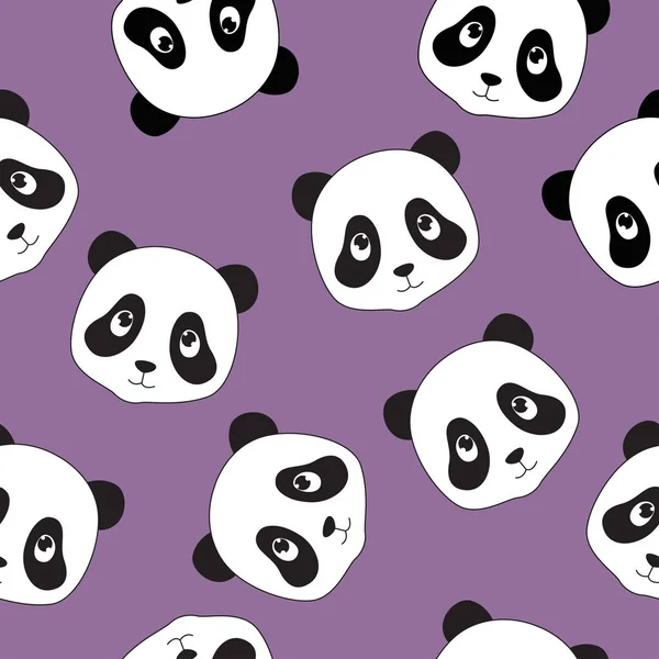 Drucken Vektor Lila Hintergrund Mit Niedlichen Pandas Zeichentrickpandas Panda Gesicht — Stockvektor