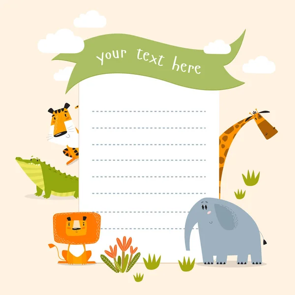 Drucken Vektorkarte Mit Afrikanischen Tieren Und Platz Für Text Wunschzettel — Stockvektor