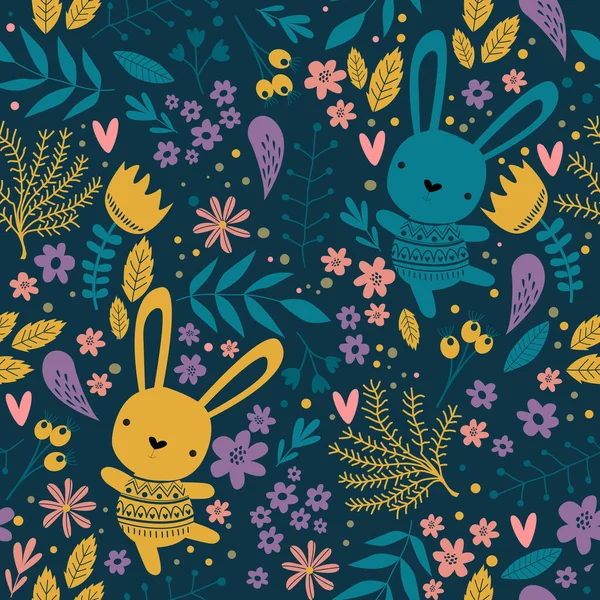 ウサギや植物とベクトルシームレスパターン アートーン バニー — ストックベクタ