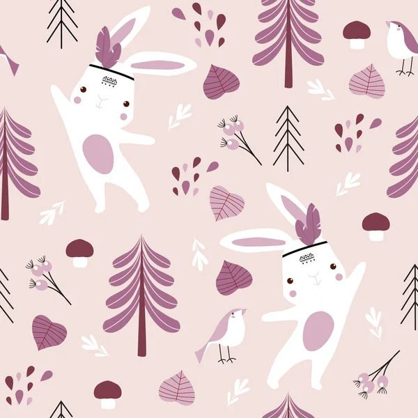 バニーとベクトルの森のパターン 白ウサギ ピンクの背景 — ストックベクタ