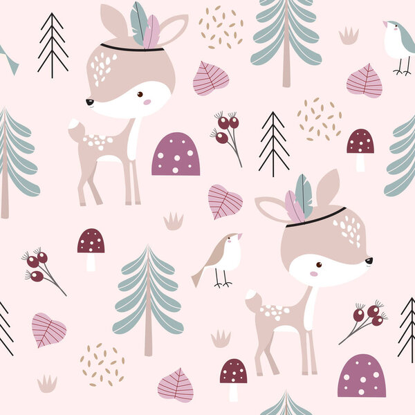 Print. Vector forest pattern with baby deers. Forest animals. Cartoon baby deer.
