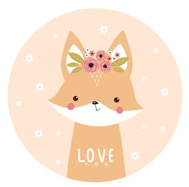 Yazdır. Şirin bir tilki çizgi filmiyle illüstrasyon. Kız için illüstrasyon. Bej arkaplan.