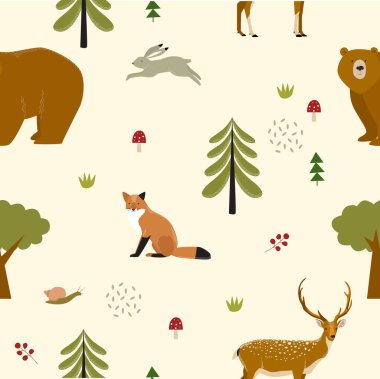Print. Vector pattern with forest animals. Seamless background. Forest pattern. Bear, fox, deer, hare