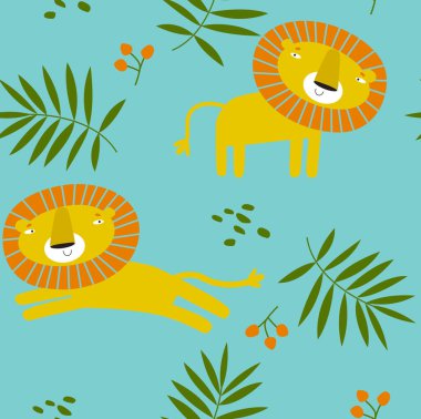 Yazdır. Aslanlı, kusursuz tropikal arka plan. Çizgi film aslanı. Afrika hayvanı. Çocuklar için kumaş. Safari. 