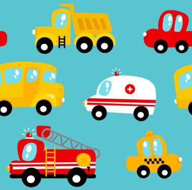 Yazdır. Taşıma ile vektörsüz arka plan. Çizgi film arabaları ile desen. Çocuk kalıbı. Taksi, itfaiye aracı, ambulans, kamyon, otobüs..