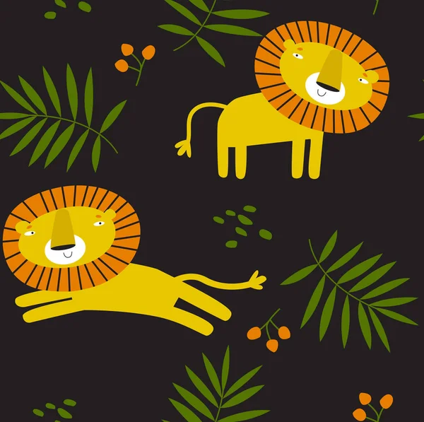 Print Vector Seamless Tropical Background Lion Cartoon Lion African Animal — ストックベクタ