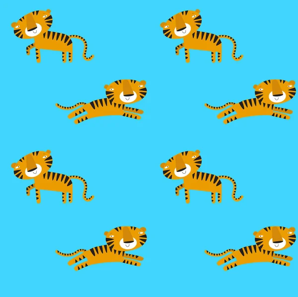 Print Seamless Background Cute Tigers Blue Pattern Cartoon Tigers African — стоковый вектор