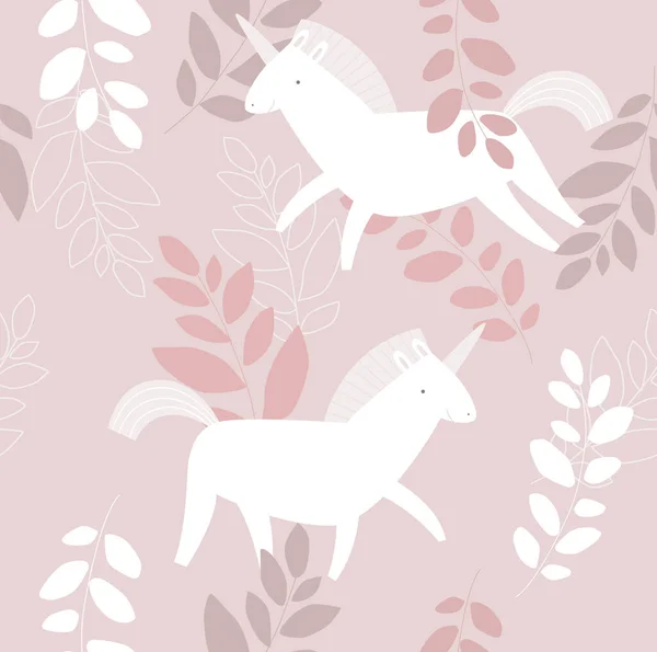白のユニコーンとベクトルシームレスな背景 葉の中のユニコーン ピンクの花模様 — ストックベクタ