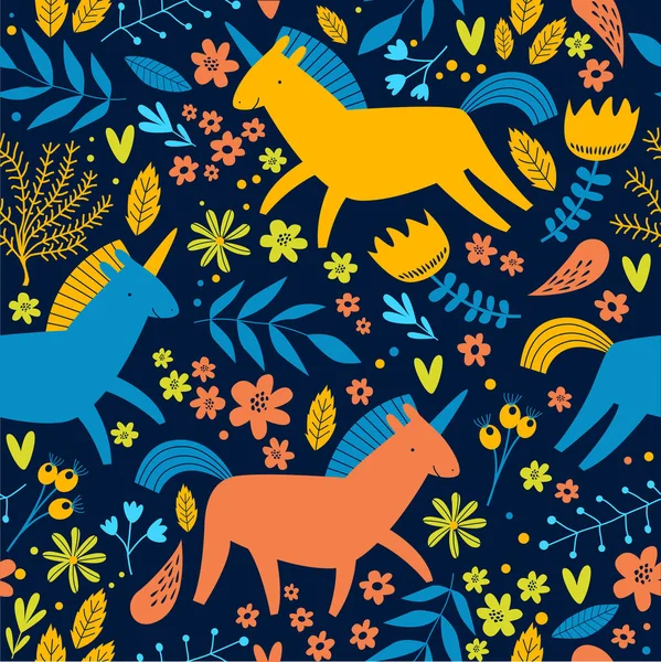 Drucken Vektornahtloser Hintergrund Mit Cartoon Einhörnern Einhörner Garten Florales Muster — Stockvektor