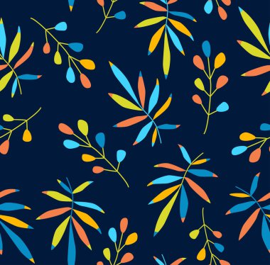 Print. Seamless tropical background in yellow-blue colors. Palm branches, berries. Summer botanical background. Tropical plants vector pattern. Fabric, paper, wallpaper.