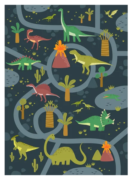 Afdrukken Vector Tropisch Doolhof Met Dinosaurussen Een Juridisch Park Cartoon — Stockvector