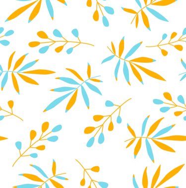 Yazdır. Yeşillik ve böğürtlenli kusursuz bir arka plan. Palmiye dalları. Mavi-sarı renklerde vektör botanik desen. kumaş, kağıt, duvar kağıdı.