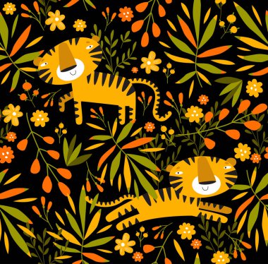 Yazdır. Kaplan ile mükemmel tropikal bir geçmişi var. Çizgi film kaplanı. Afrika hayvanı. Çocuklar için kumaş. Safari. Yaz arkaplanı.