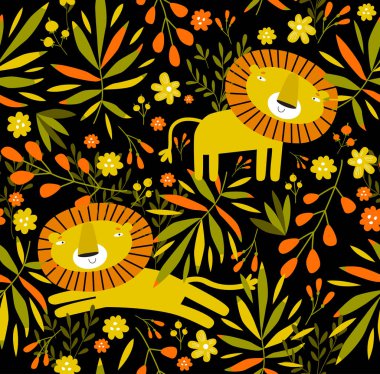 Yazdır. Aslanlı, kusursuz tropikal arka plan. Çizgi film aslanı. Afrika hayvanı. Çocuklar için kumaş. Safari. Yaz arkaplanı.