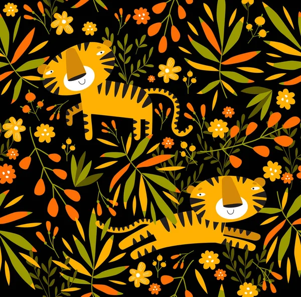 トラとベクトルシームレス熱帯の背景 漫画虎 アフリカの動物 子供用の生地 サファリだ 夏の背景 — ストックベクタ