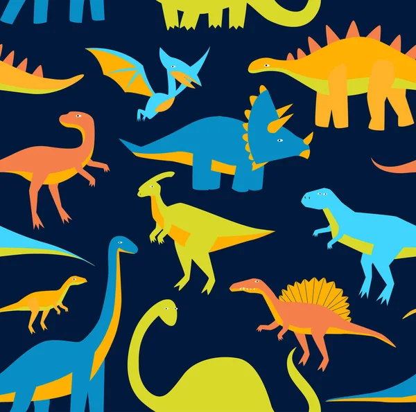Print Bright Seamless Black Background Dinosaurs Cartoon Dinosaurs Pattern Cartoon — Vetor de Stock