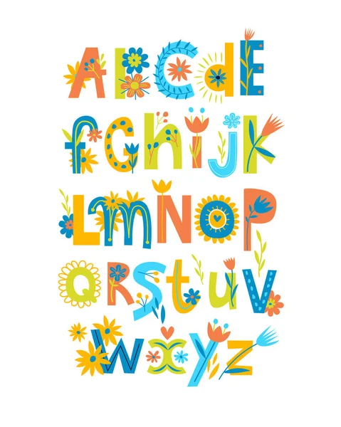 Print Funny Vector English Alphabet Bright Floral Lettering Typographic Poster — Stock Vector